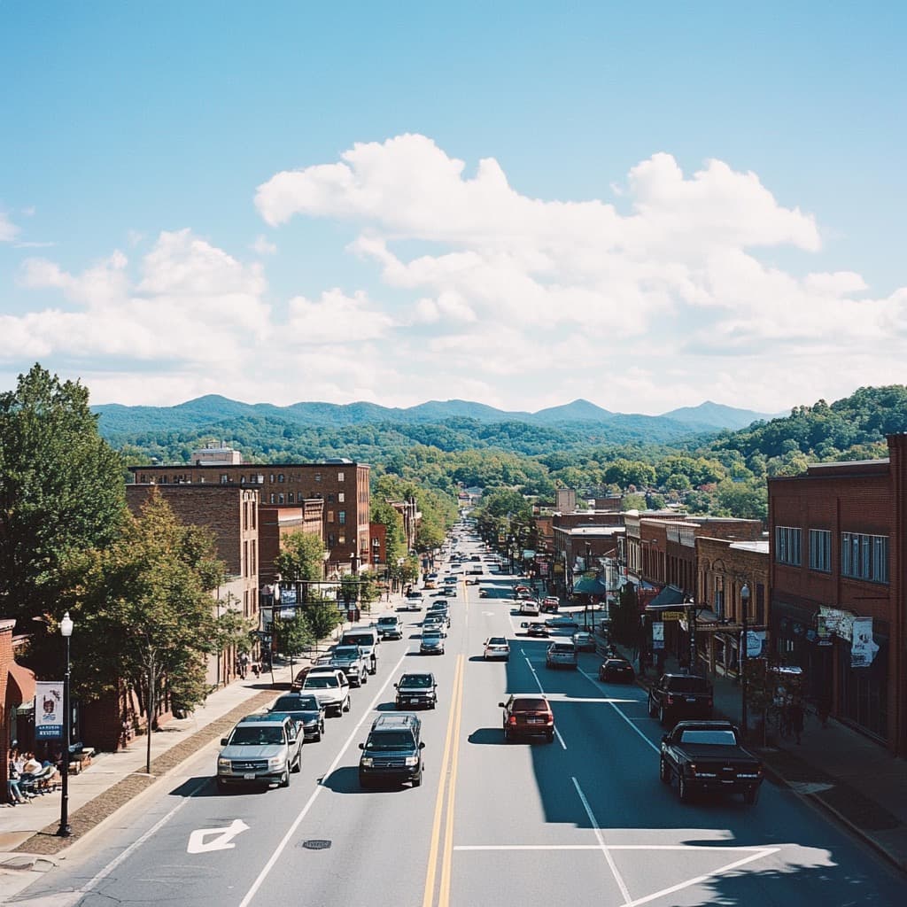 Asheville skyline and mountain horizon at golden hour